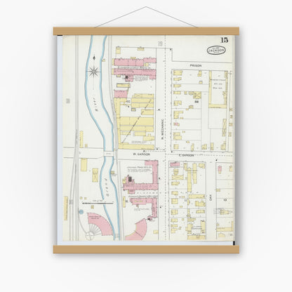 Old map wall art mockup — magnetic wood frame on white wall — Sanborn Fire Insurance Map from Jackson, Jackson County, Michigan (1893), Sheet #0015