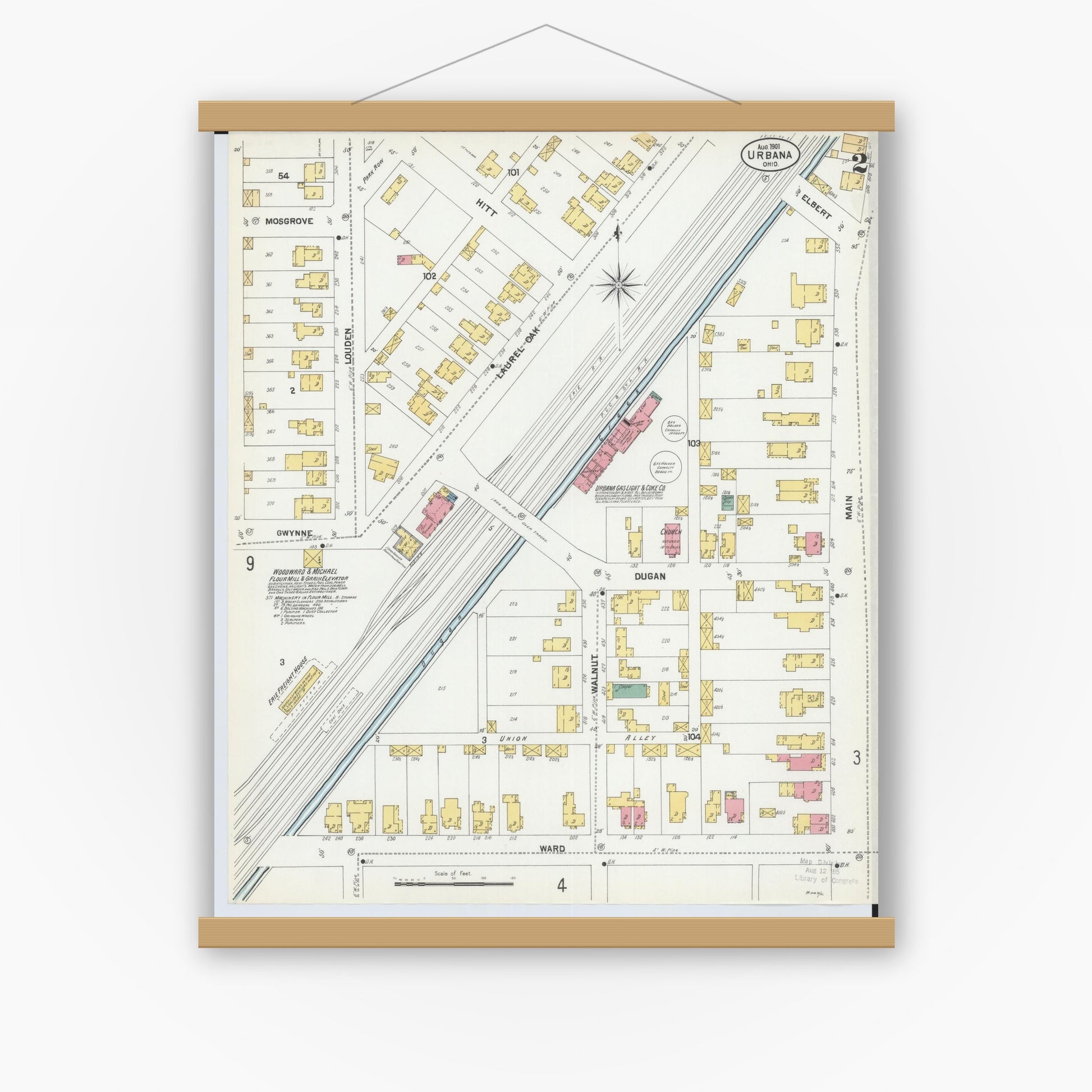 Old map wall art mockup — magnetic wood frame on white wall — Sanborn Fire Insurance Map from Urbana, Champaign County, Ohio (1901), Sheet #0002