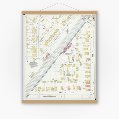 Old map wall art mockup — magnetic wood frame on white wall — Sanborn Fire Insurance Map from Urbana, Champaign County, Ohio (1901), Sheet #0002