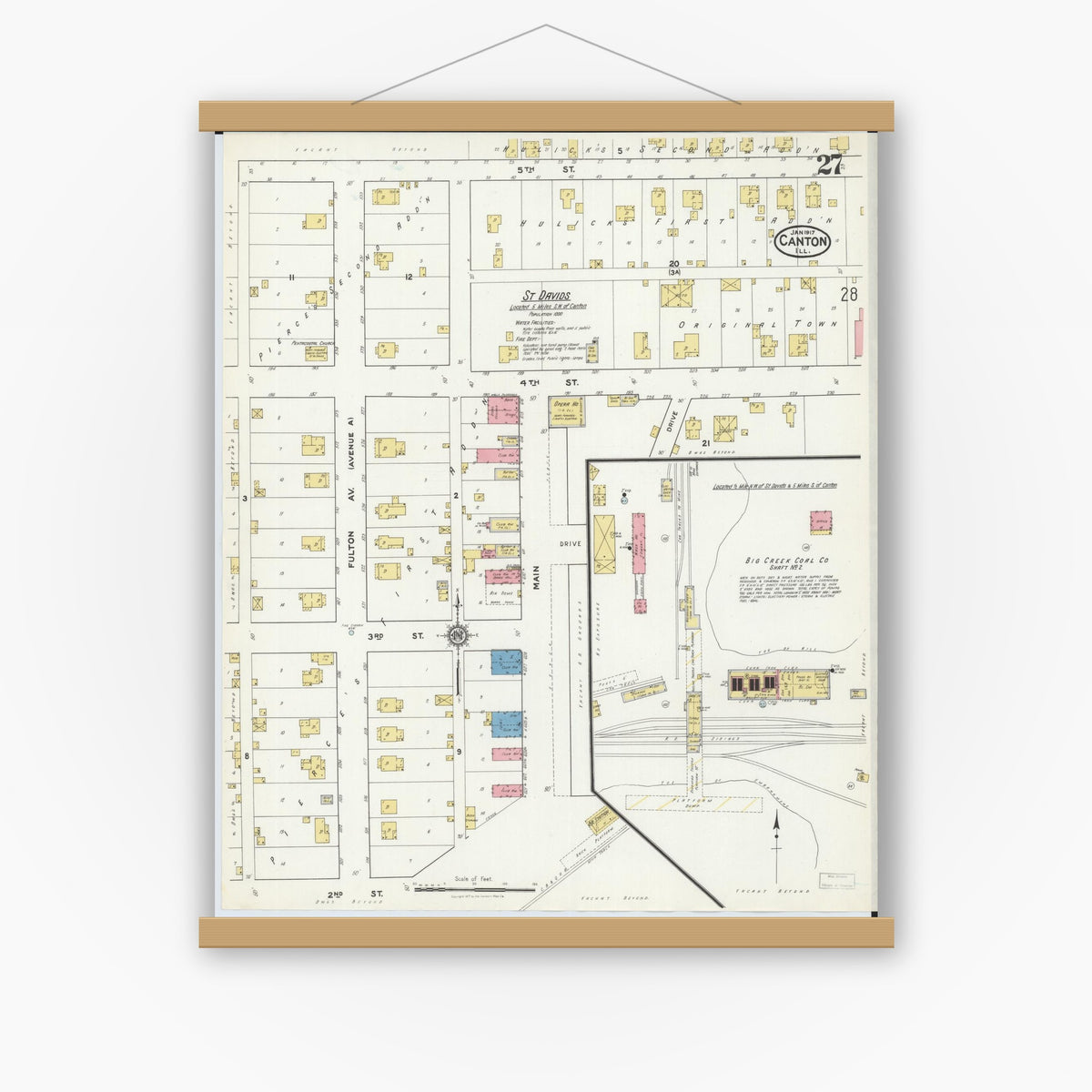 Old map wall art mockup — magnetic wood frame on white wall — Sanborn Fire Insurance Map from Canton, Fulton County, Illinois (1917), Sheet #0027