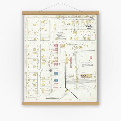 Old map wall art mockup — magnetic wood frame on white wall — Sanborn Fire Insurance Map from Canton, Fulton County, Illinois (1917), Sheet #0027