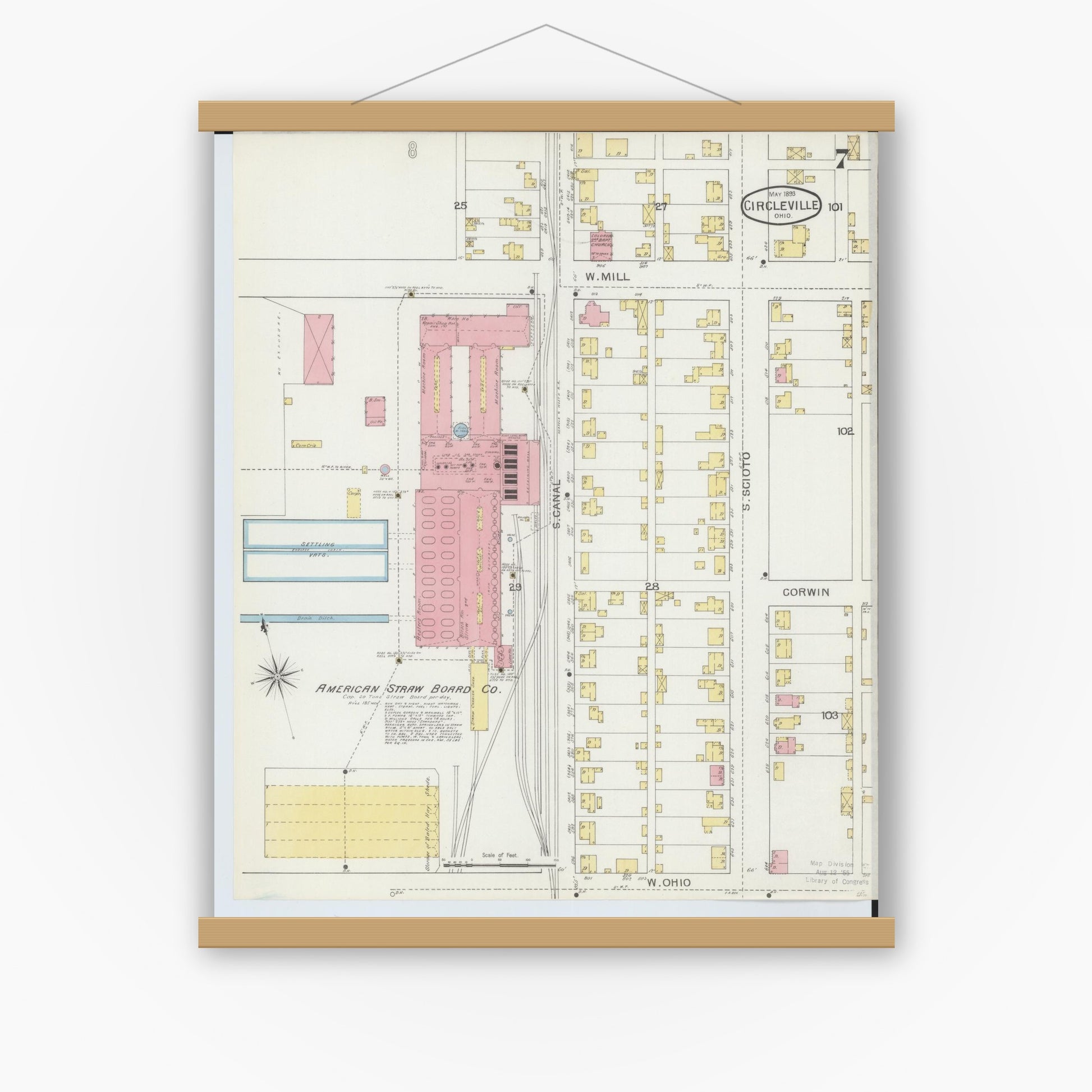 Old map wall art mockup — magnetic wood frame on white wall — Sanborn Fire Insurance Map from Circleville, Pickaway County, Ohio (1893), Sheet #0007