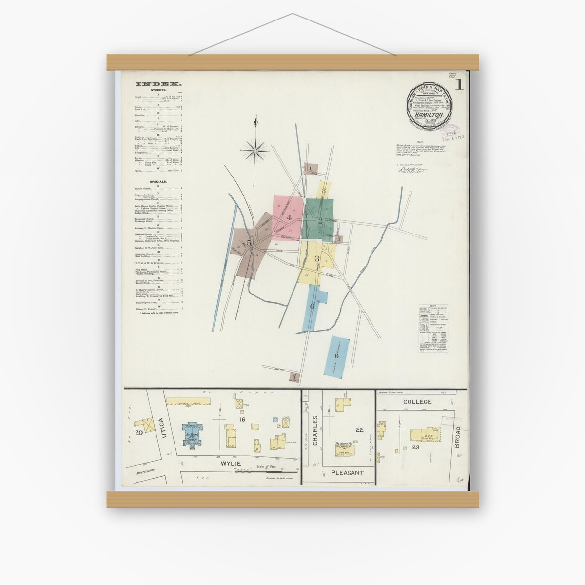 Old map wall art mockup — magnetic wood frame on white wall — Sanborn Fire Insurance Map from Hamilton, Madison County, New York (1893), Sheet #0001