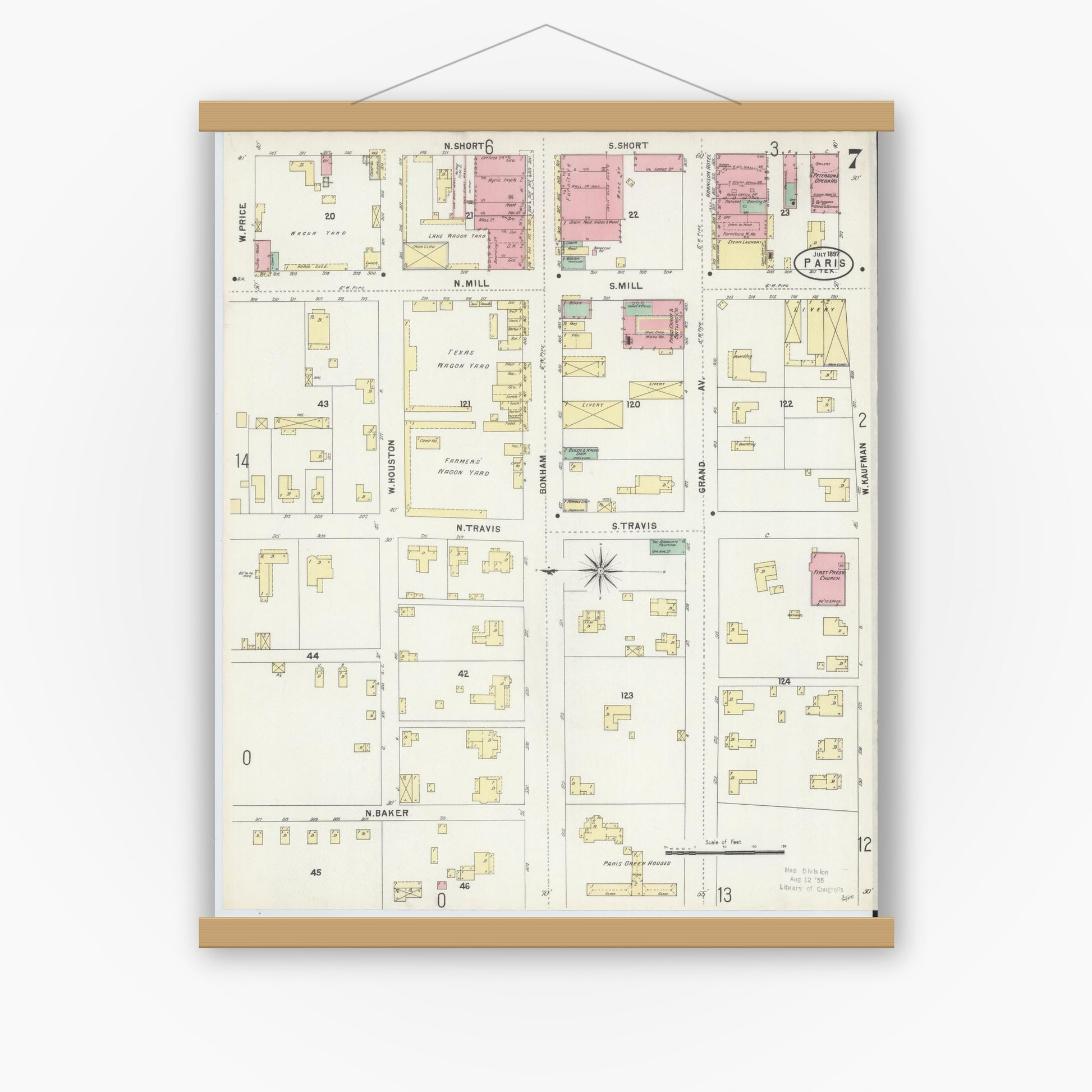 Old map wall art mockup — magnetic wood frame on white wall — Sanborn Fire Insurance Map from Paris, Lamar County, Texas (1897), Sheet #0007