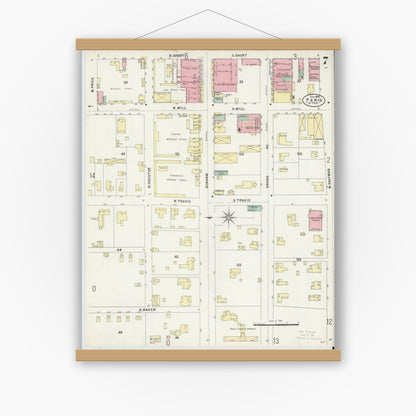 Old map wall art mockup — magnetic wood frame on white wall — Sanborn Fire Insurance Map from Paris, Lamar County, Texas (1897), Sheet #0007