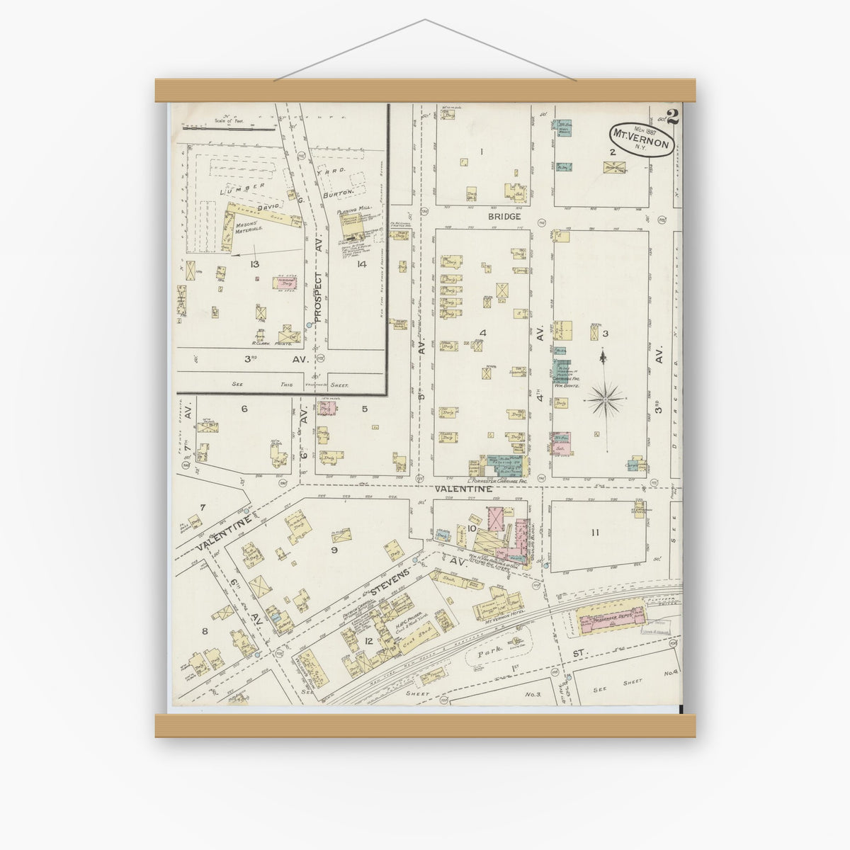 Old map wall art mockup — magnetic wood frame on white wall — Sanborn Fire Insurance Map from Mount Vernon, Westchester County, New York (1887) - Complete Map Set