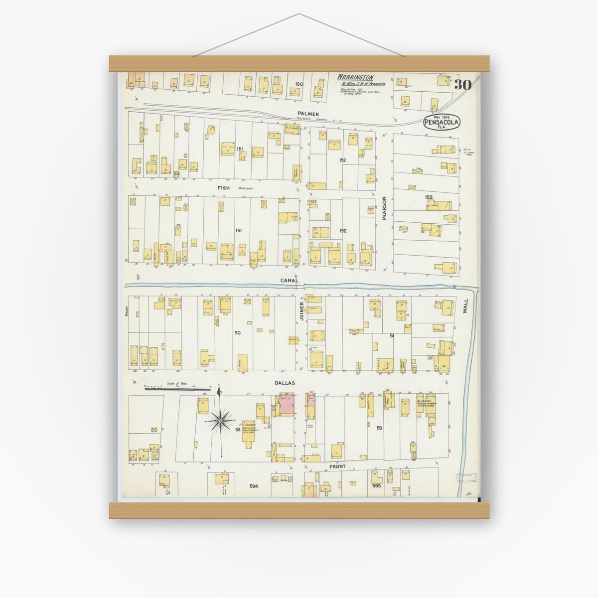 Old map wall art mockup — magnetic wood frame on white wall — Sanborn Fire Insurance Map from Pensacola, Escambia County, Florida (1903), Sheet #0030
