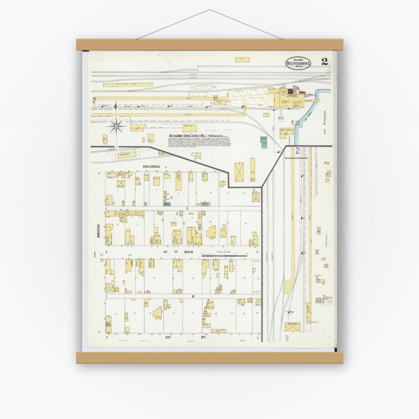 Old map wall art mockup — magnetic wood frame on white wall — Sanborn Fire Insurance Map from Michigamme, Marquette County, Michigan (1902), Sheet #0002