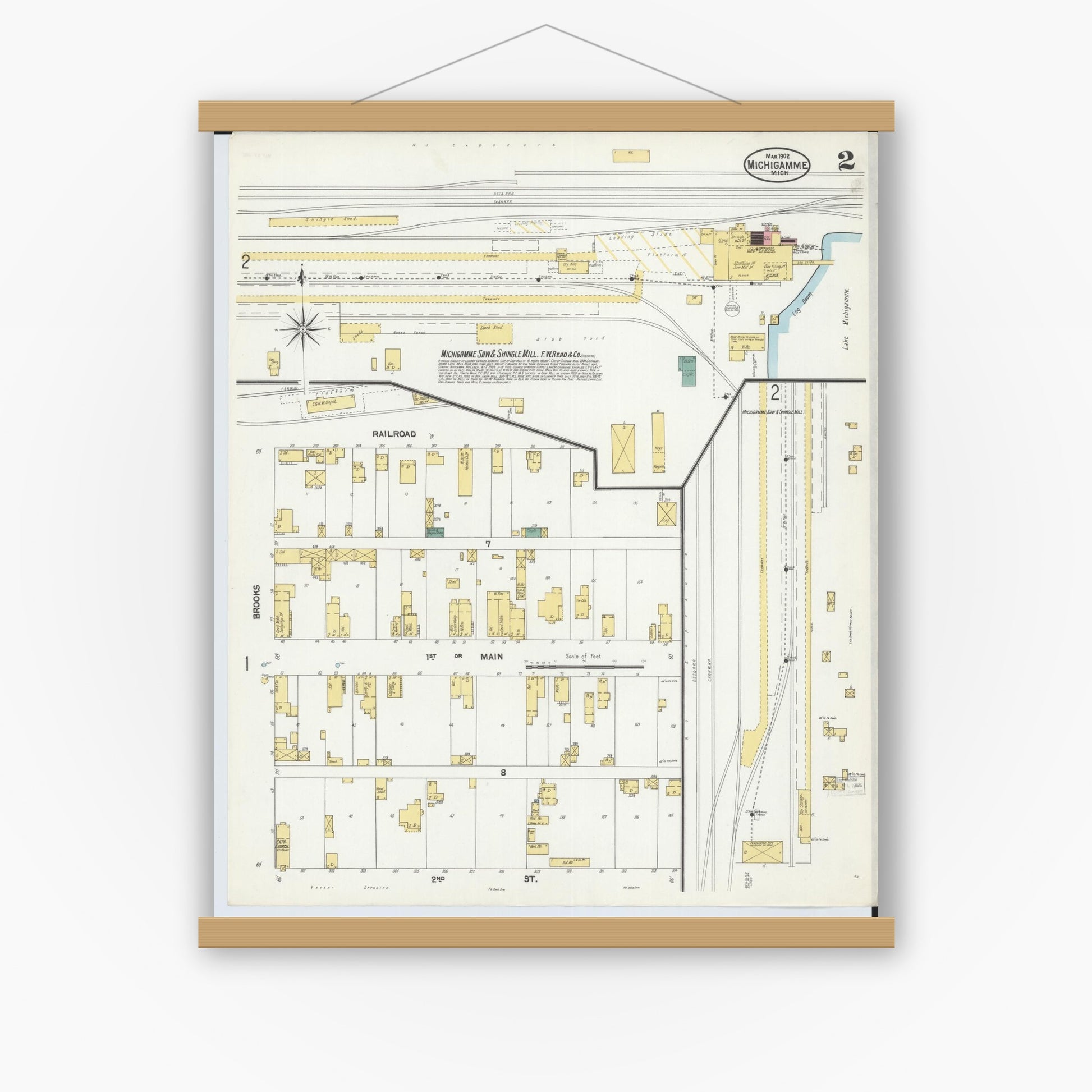 Old map wall art mockup — magnetic wood frame on white wall — Sanborn Fire Insurance Map from Michigamme, Marquette County, Michigan (1902), Sheet #0002