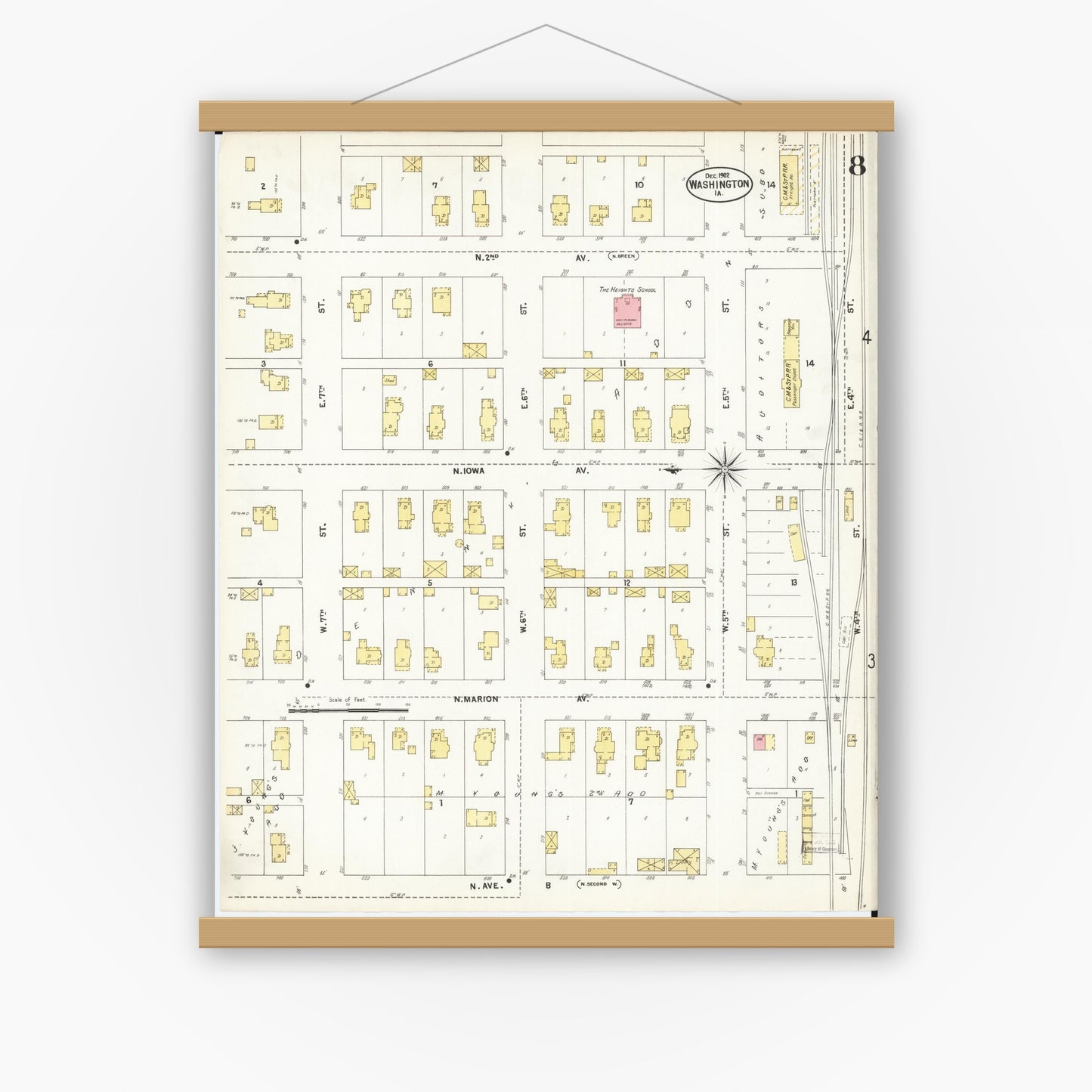 Old map wall art mockup — magnetic wood frame on white wall — Sanborn Fire Insurance Map from Washington, Washington County, Iowa (1902), Sheet #0008