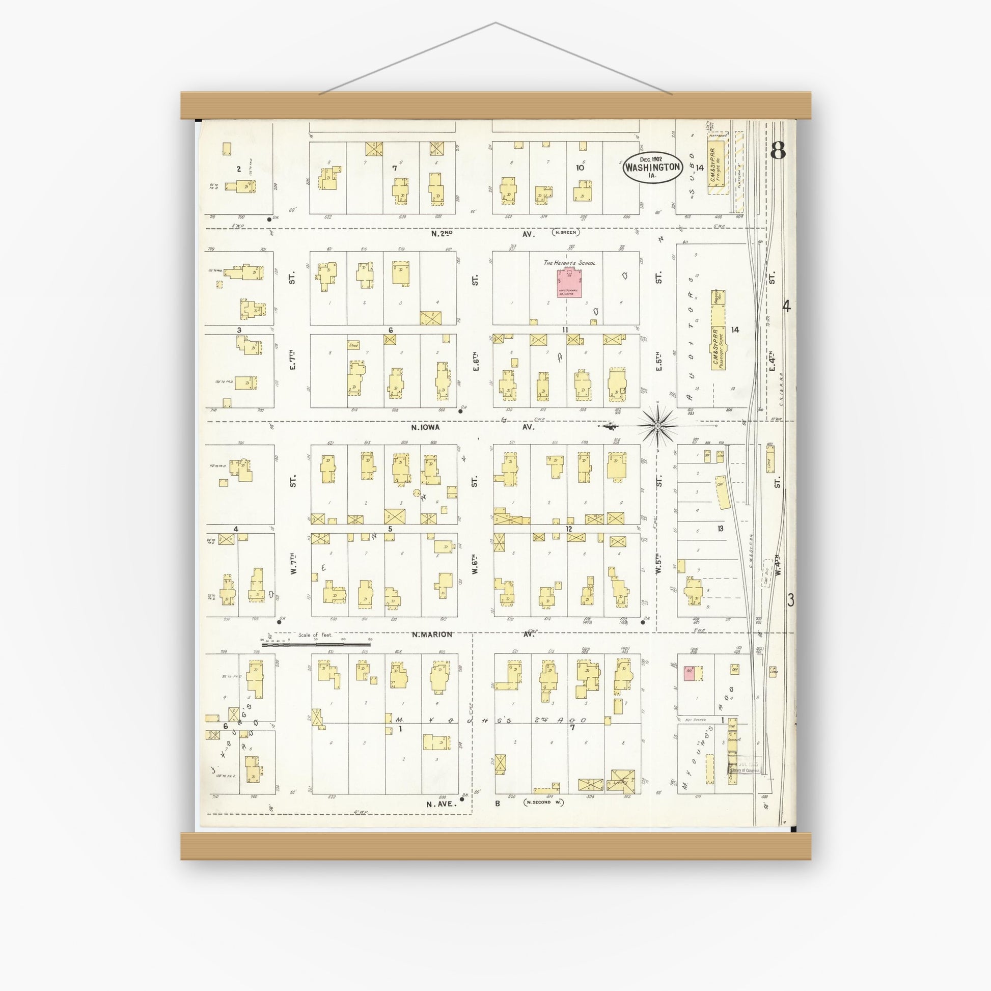 Old map wall art mockup — magnetic wood frame on white wall — Sanborn Fire Insurance Map from Washington, Washington County, Iowa (1902), Sheet #0008
