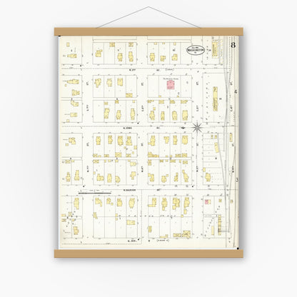 Old map wall art mockup — magnetic wood frame on white wall — Sanborn Fire Insurance Map from Washington, Washington County, Iowa (1902), Sheet #0008