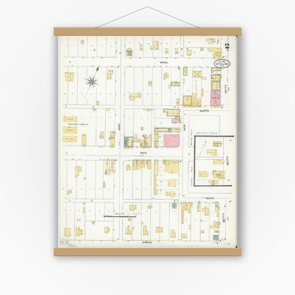 Old map wall art mockup — magnetic wood frame on white wall — Sanborn Fire Insurance Map from Uvalde, Uvalde County, Texas (1905), Sheet #0002