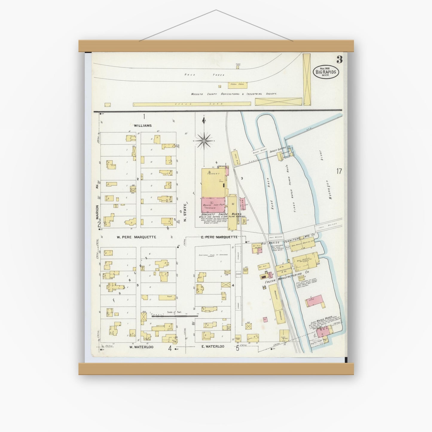 Old map wall art mockup — magnetic wood frame on white wall — Sanborn Fire Insurance Map from Big Rapids, Mecosta County, Michigan (1908), Sheet #0003