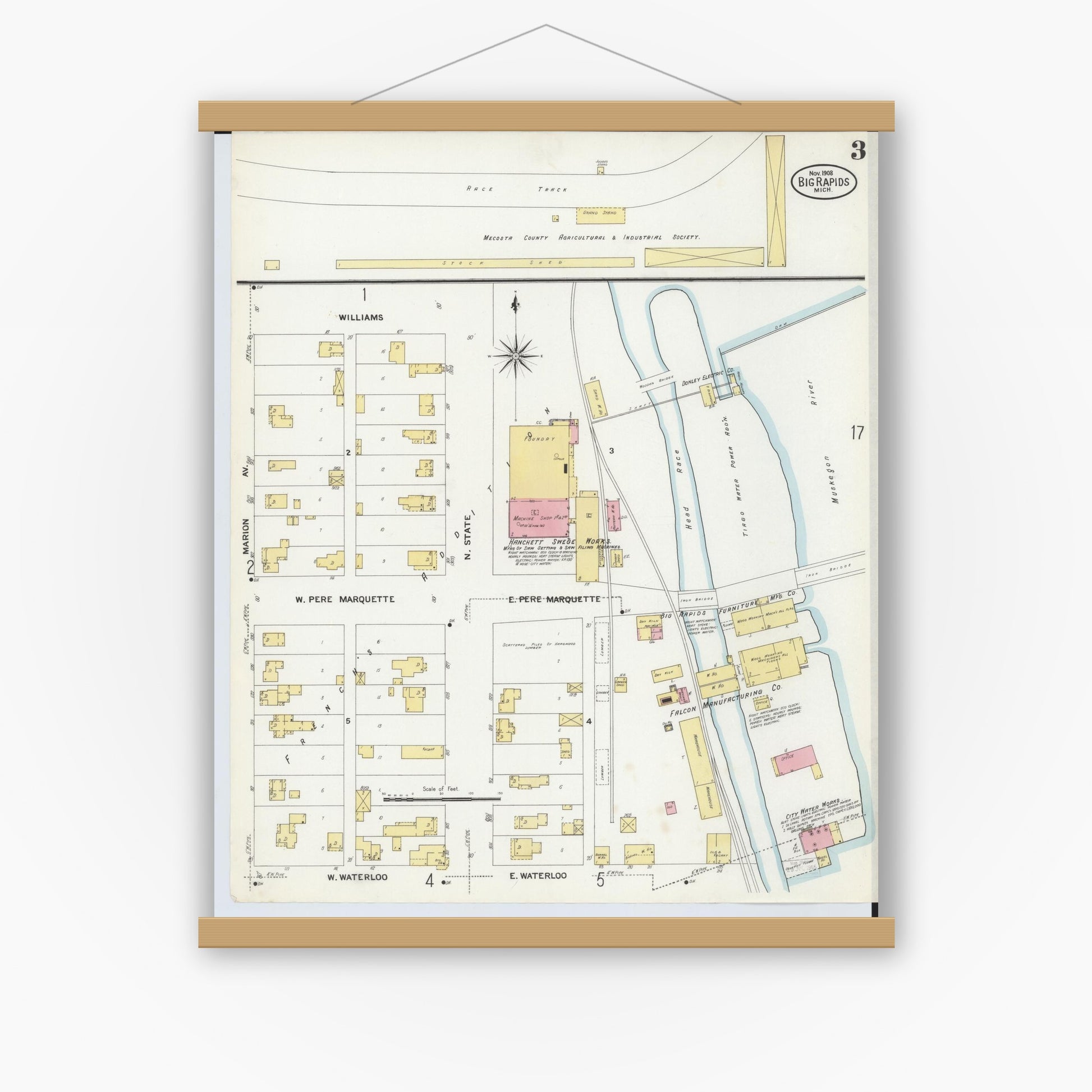 Old map wall art mockup — magnetic wood frame on white wall — Sanborn Fire Insurance Map from Big Rapids, Mecosta County, Michigan (1908), Sheet #0003
