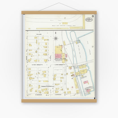 Old map wall art mockup — magnetic wood frame on white wall — Sanborn Fire Insurance Map from Big Rapids, Mecosta County, Michigan (1908), Sheet #0003