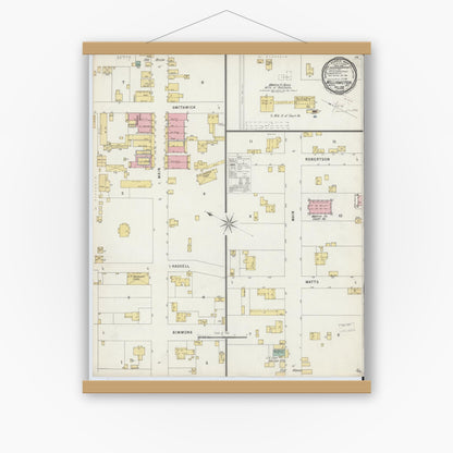 Old map wall art mockup — magnetic wood frame on white wall — Sanborn Fire Insurance Map from Williamston, Martin County, North Carolina (1896), Sheet #0001