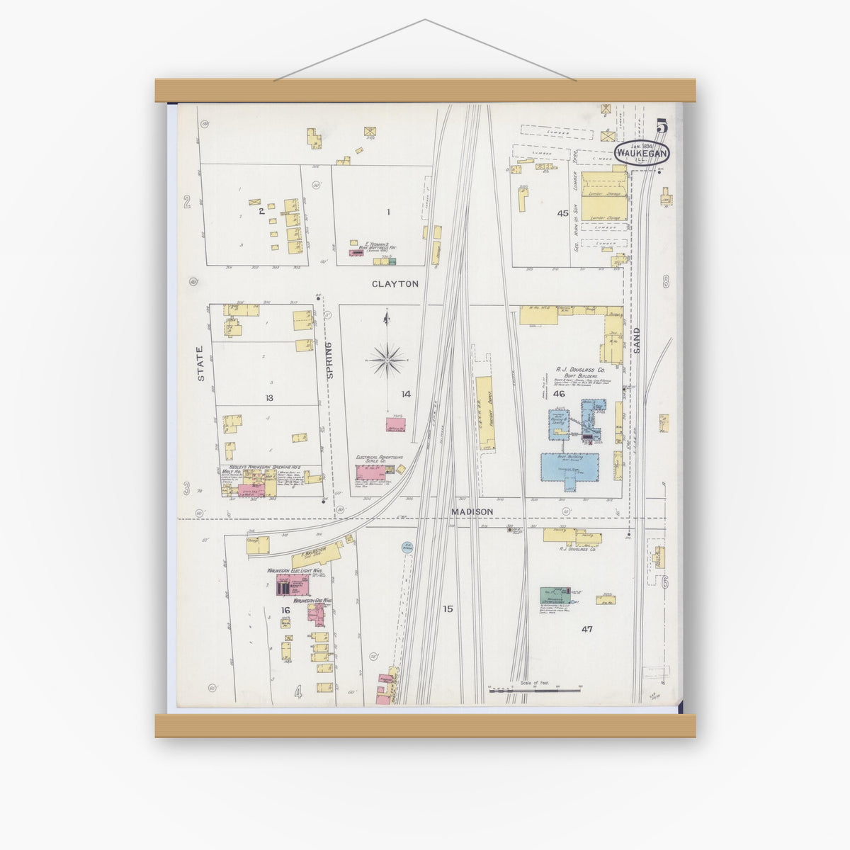 Old map wall art mockup — magnetic wood frame on white wall — Sanborn Fire Insurance Map from Waukegan, Lake County, Illinois (1894), Sheet #0005