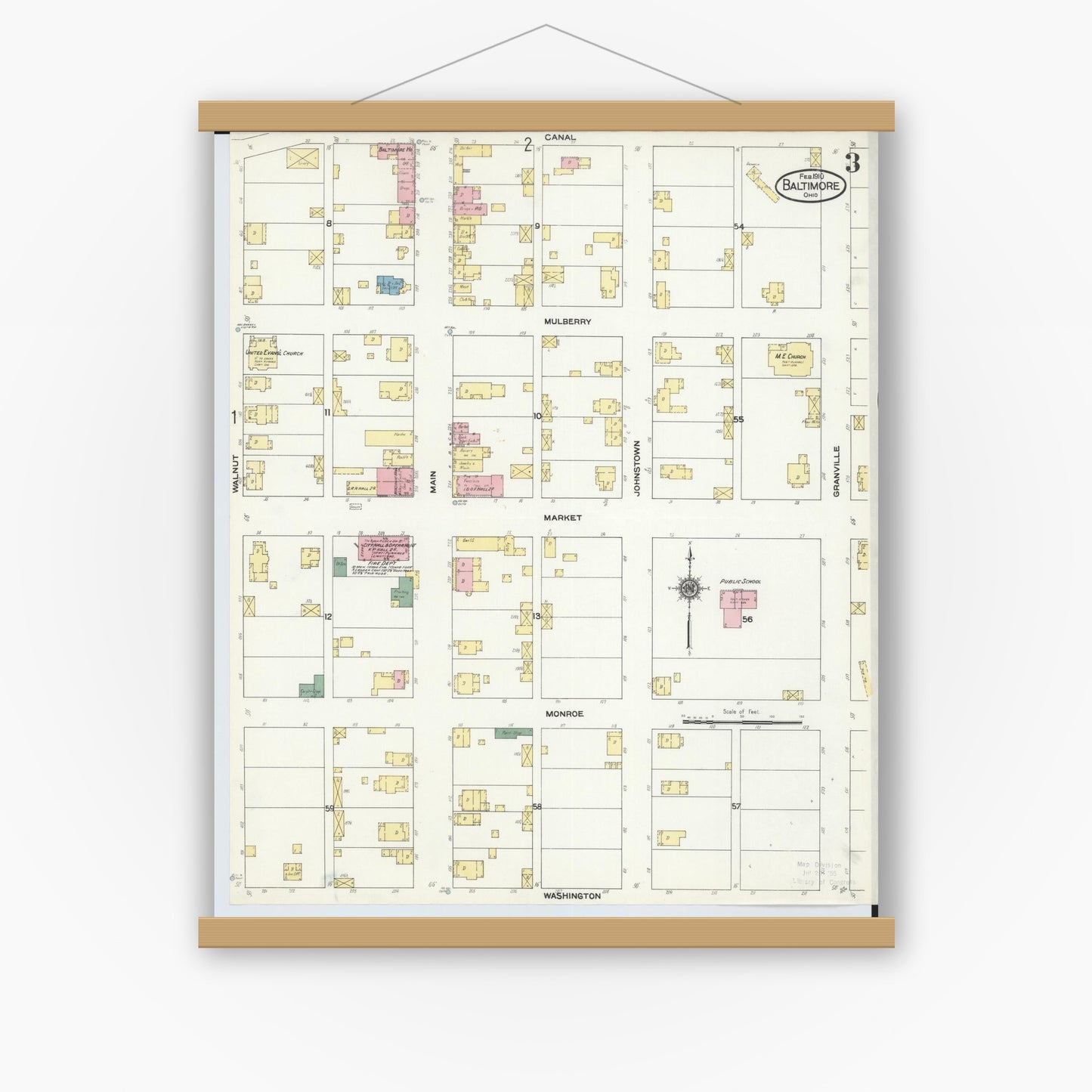 Old map wall art mockup — magnetic wood frame on white wall — Sanborn Fire Insurance Map from Baltimore, Fairfield County, Ohio (1910), Sheet #0003