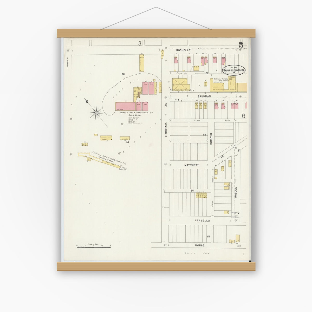 Old map wall art mockup — magnetic wood frame on white wall — Sanborn Fire Insurance Map from Knoxville Borough, Allegheny County, Pennsylvania (1898), Sheet #0005
