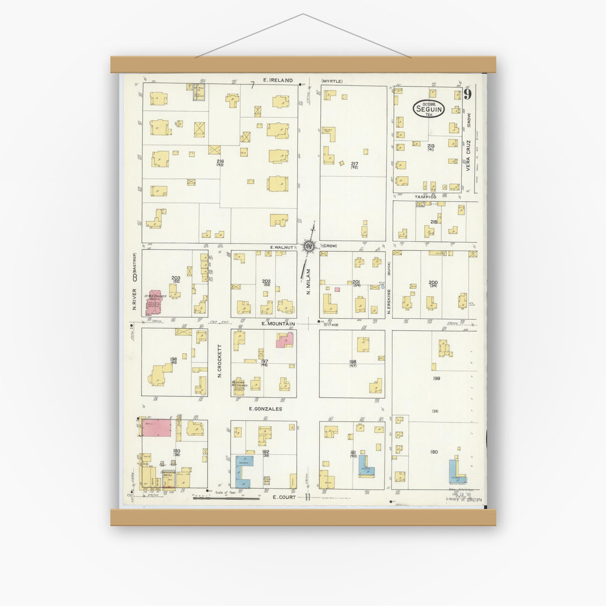 Old map wall art mockup — magnetic wood frame on white wall — Sanborn Fire Insurance Map from Seguin, Guadalupe County, Texas (1916), Sheet #0009