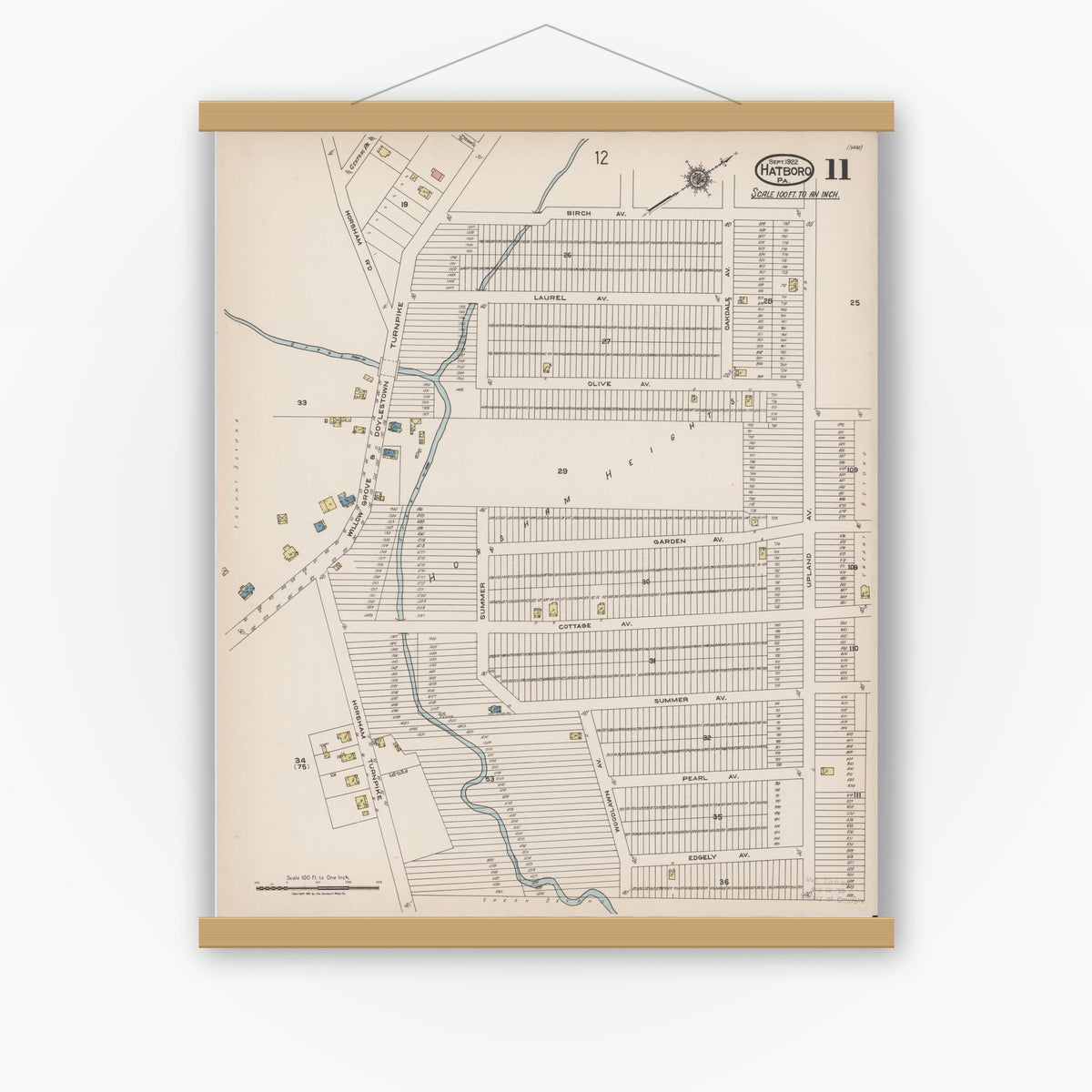 Old map wall art mockup — magnetic wood frame on white wall — Sanborn Fire Insurance Map from Hatboro, Montgomery County, Pennsylvania (1922), Sheet #0011