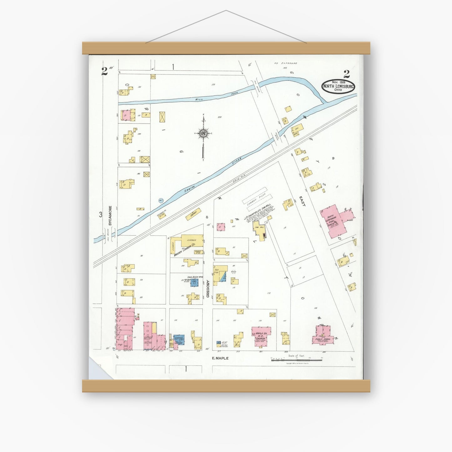 Old map wall art mockup — magnetic wood frame on white wall — Sanborn Fire Insurance Map from North Lewisburg, Champaign County, Ohio (1926), Sheet #0002