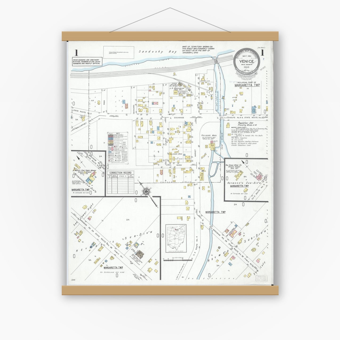 Old map wall art mockup — magnetic wood frame on white wall — Sanborn Fire Insurance Map from Venice, Erie County, Ohio (1951), Sheet #0001