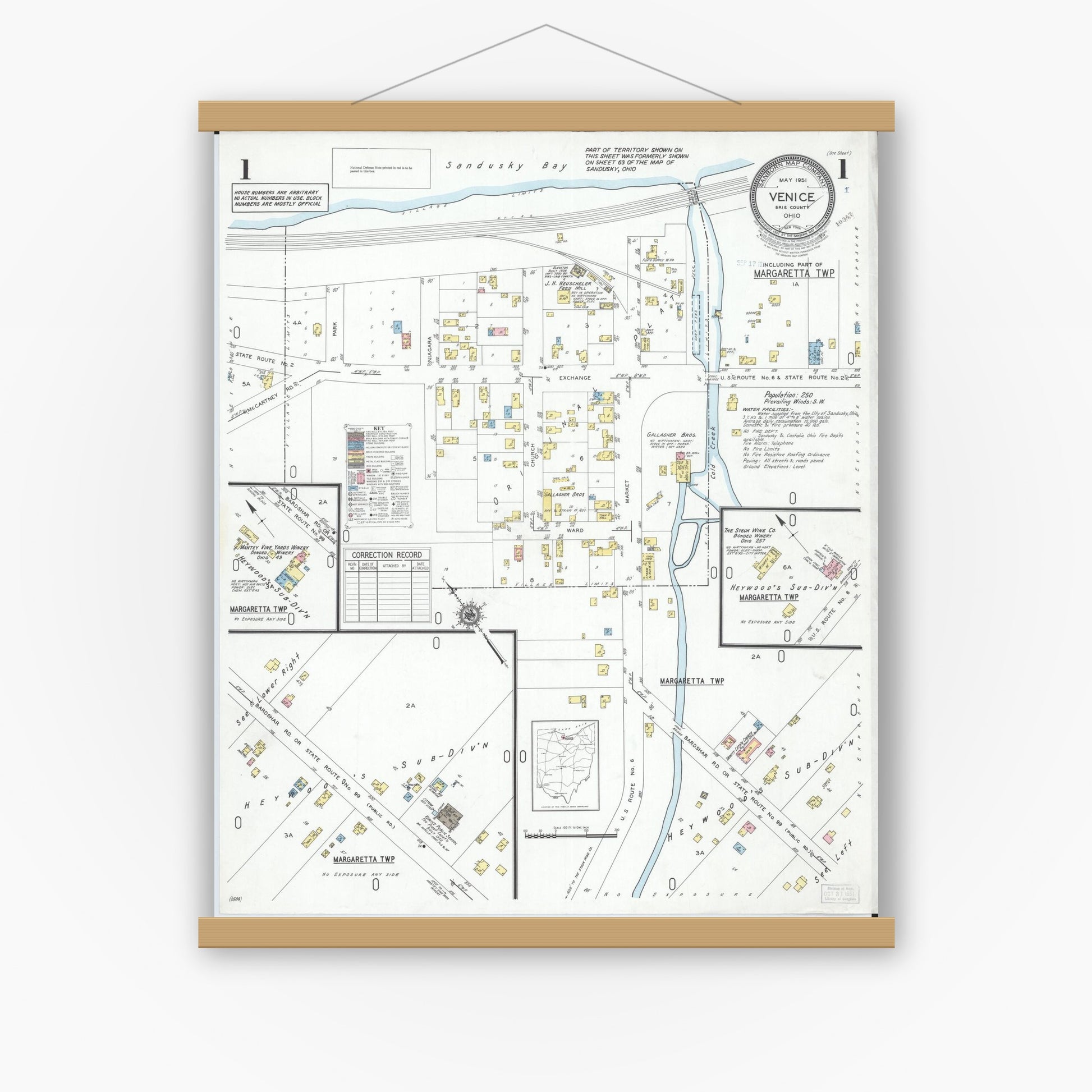 Old map wall art mockup — magnetic wood frame on white wall — Sanborn Fire Insurance Map from Venice, Erie County, Ohio (1951), Sheet #0001