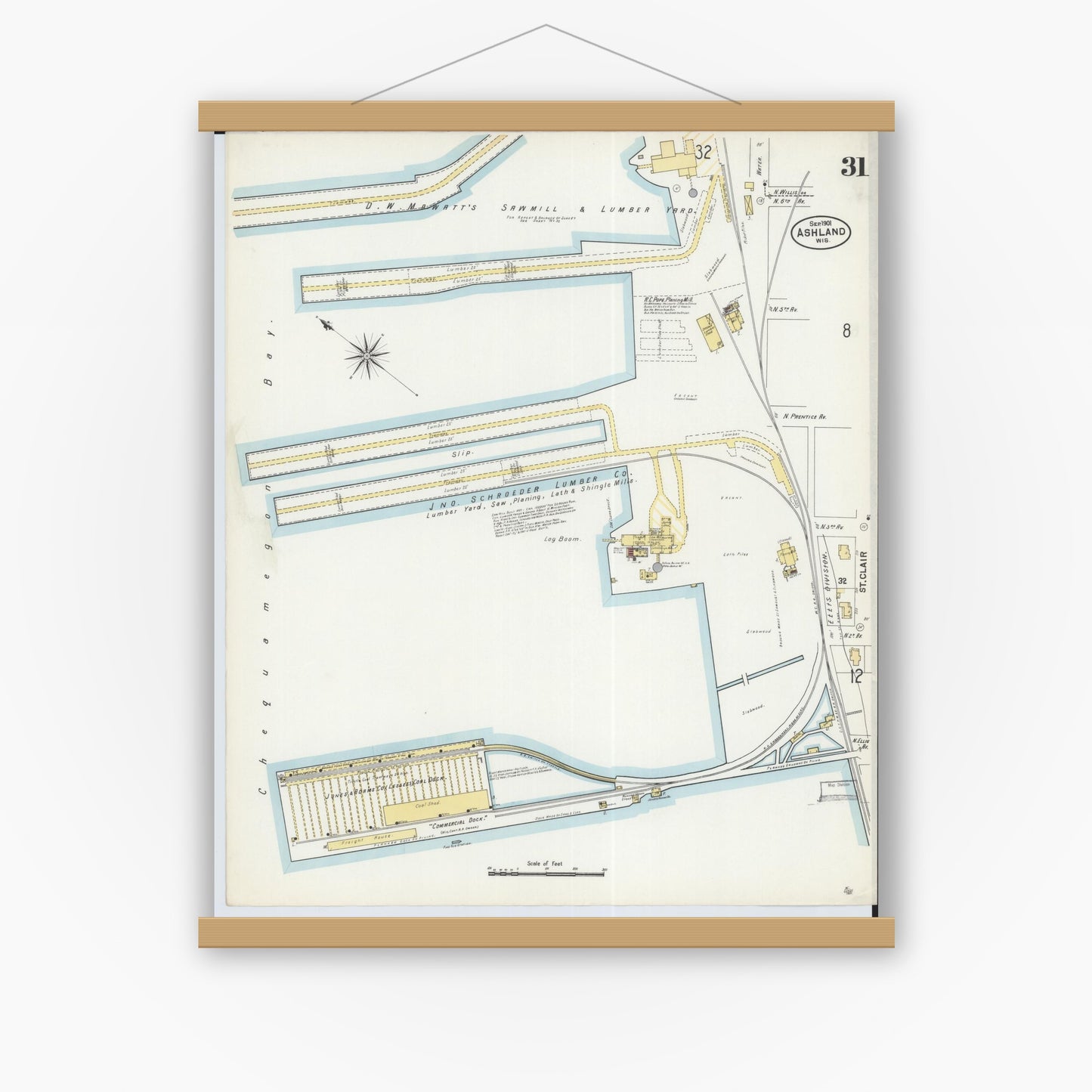 Old map wall art mockup — magnetic wood frame on white wall — Sanborn Fire Insurance Map from Ashland, Ashland County, Wisconsin (1901), Sheet #0031