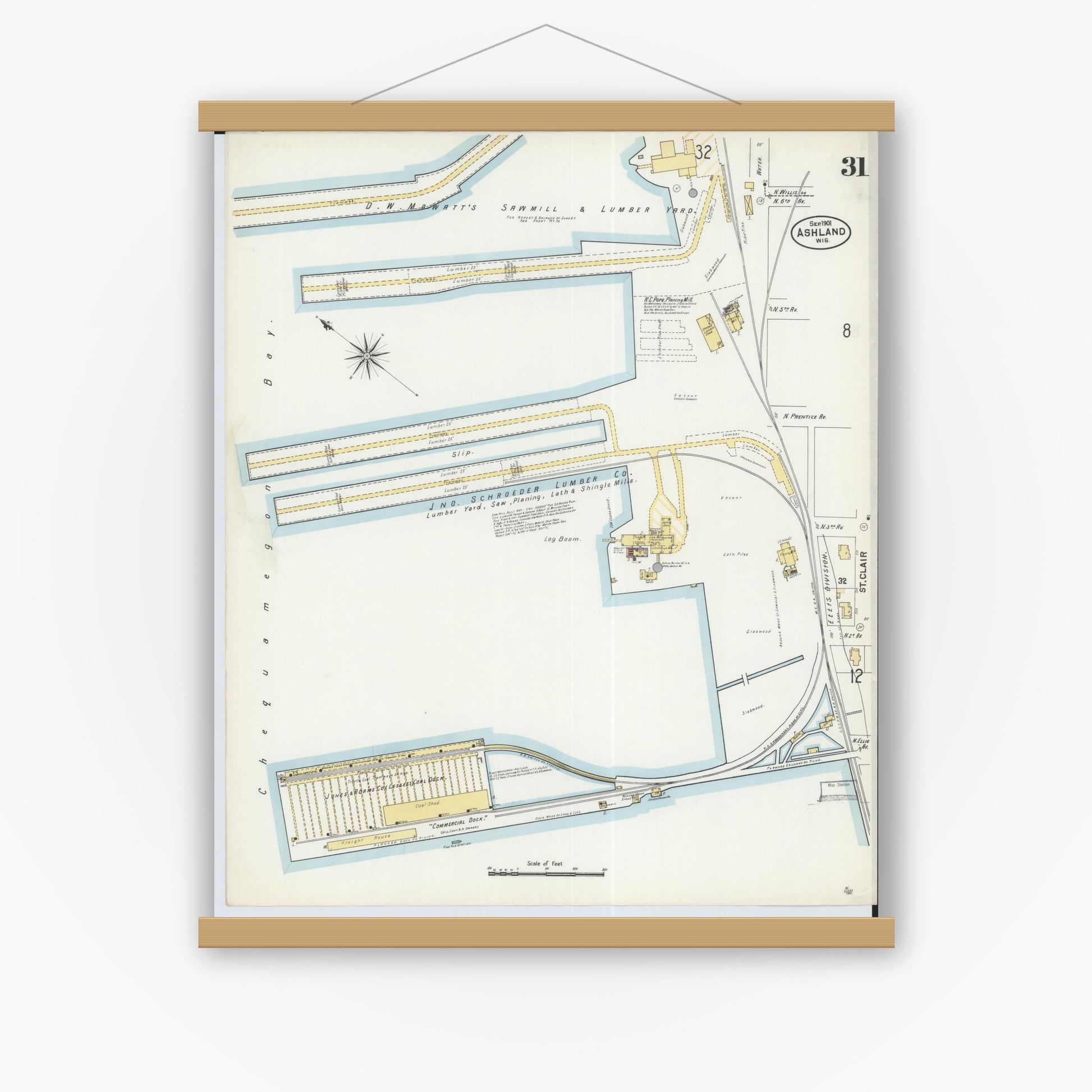 Old map wall art mockup — magnetic wood frame on white wall — Sanborn Fire Insurance Map from Ashland, Ashland County, Wisconsin (1901), Sheet #0031
