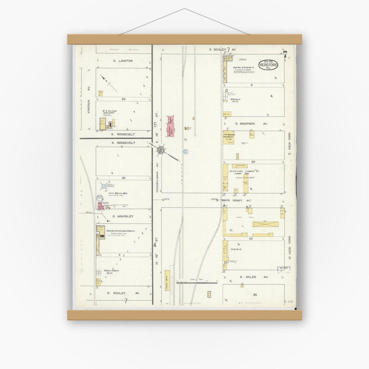 Old map wall art mockup — magnetic wood frame on white wall — Sanborn Fire Insurance Map from Hereford, Deaf Smith County, Texas (1913), Sheet #0007