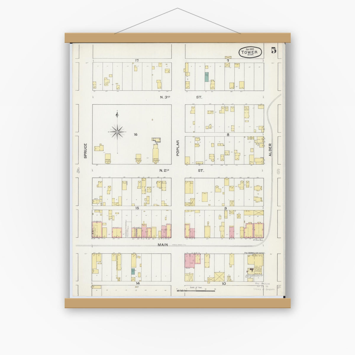 Old map wall art mockup — magnetic wood frame on white wall — Sanborn Fire Insurance Map from Tower, Saint Louis County, Minnesota (1892), Sheet #0005