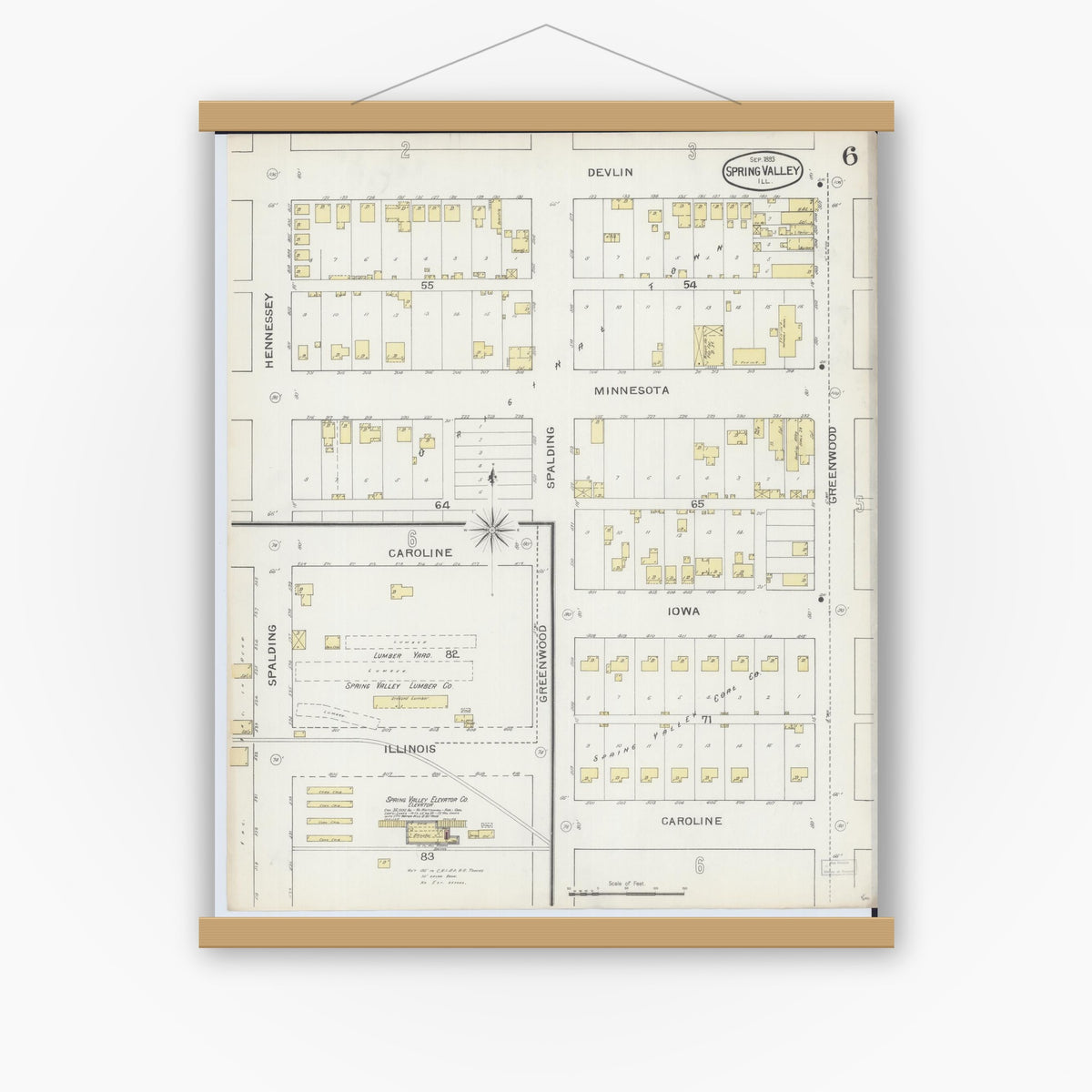Old map wall art mockup — magnetic wood frame on white wall — Sanborn Fire Insurance Map from Spring Valley, Bureau County, Illinois (1893), Sheet #0006