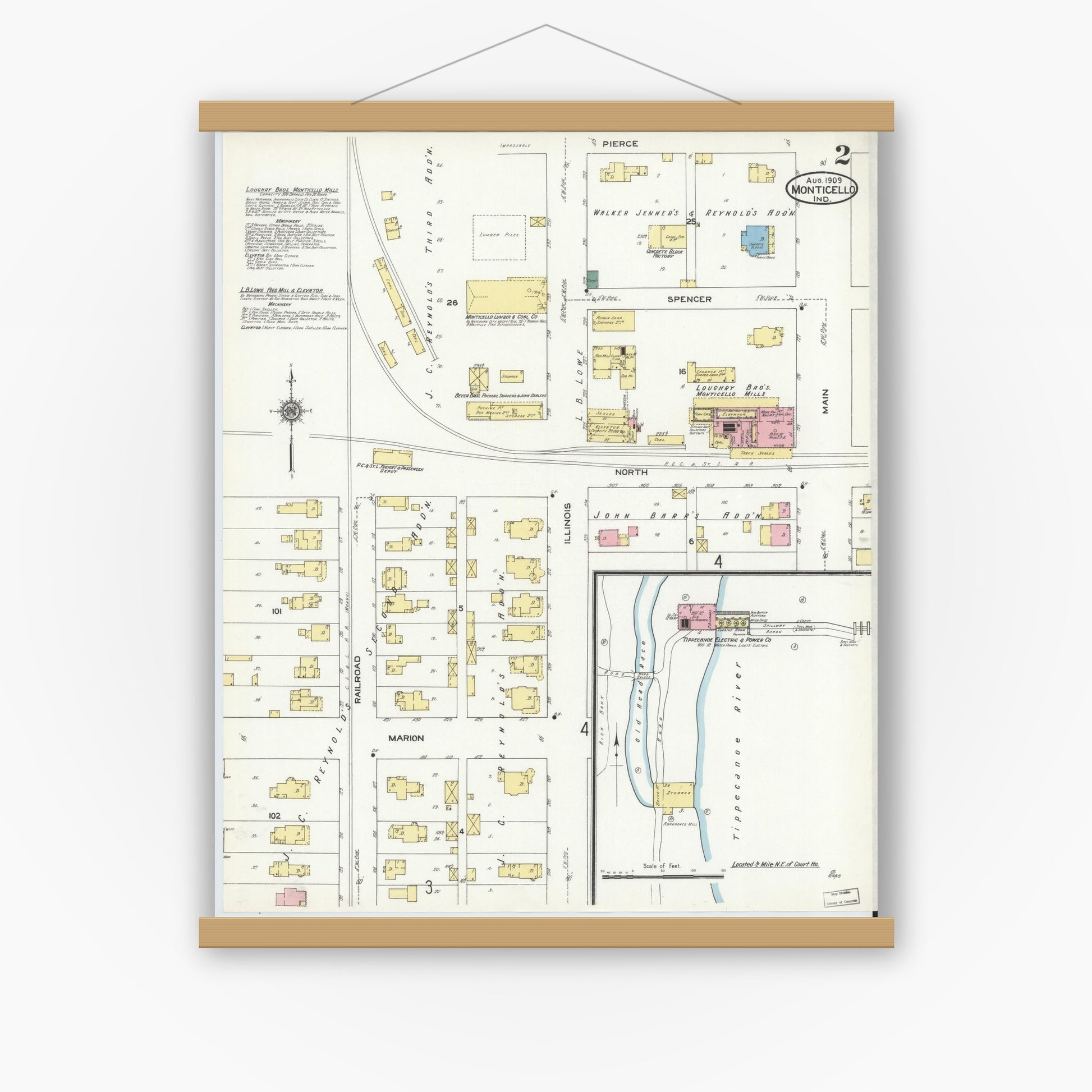 Old map wall art mockup — magnetic wood frame on white wall — Sanborn Fire Insurance Map from Monticello, White County, Indiana (1909), Sheet #0002