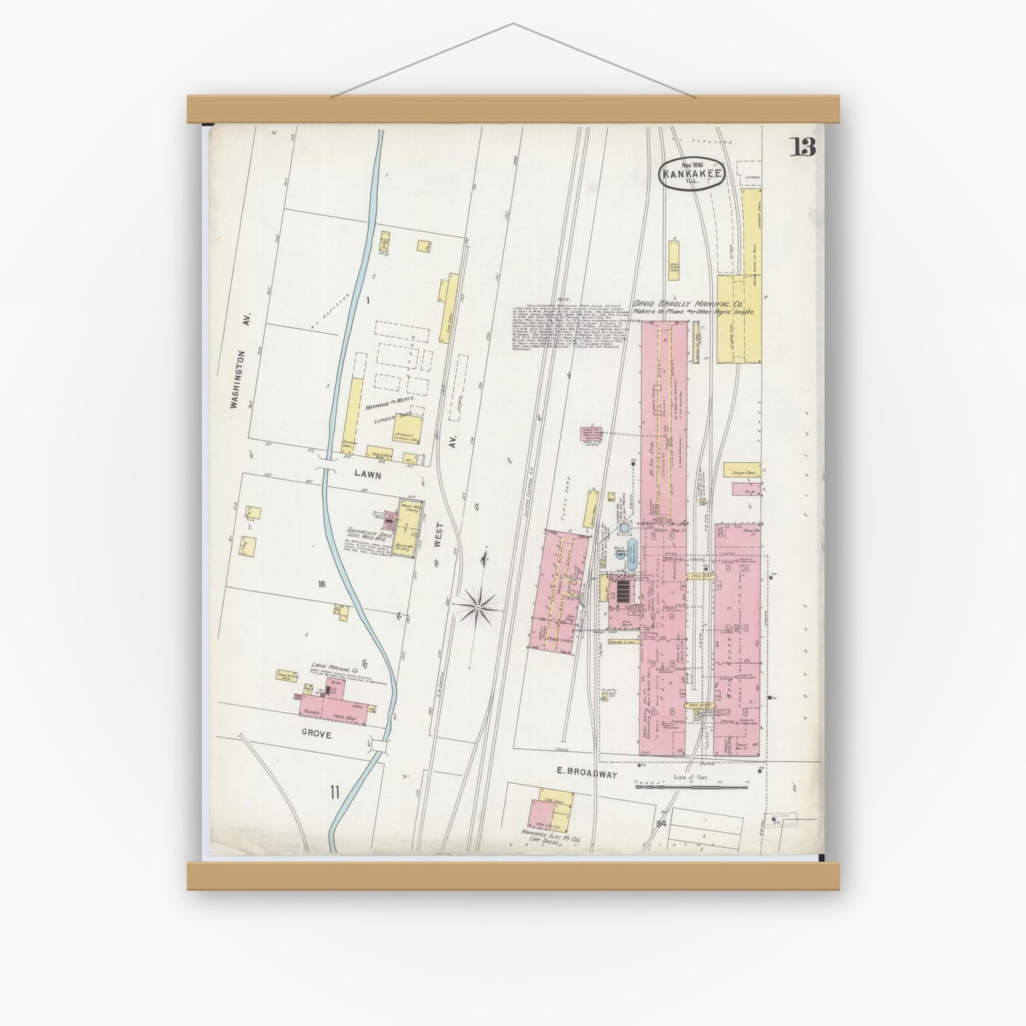 Old map wall art mockup — magnetic wood frame on white wall — Sanborn Fire Insurance Map from Kankakee, Kankakee County, Illinois (1896), Sheet #0013