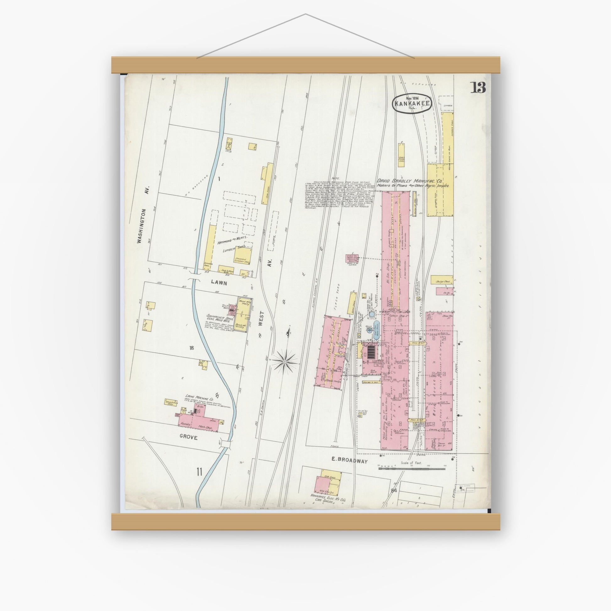 Old map wall art mockup — magnetic wood frame on white wall — Sanborn Fire Insurance Map from Kankakee, Kankakee County, Illinois (1896), Sheet #0013