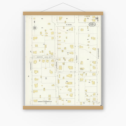 Old map wall art mockup — magnetic wood frame on white wall — Sanborn Fire Insurance Map from Terrell, Kaufman County, Texas (1909), Sheet #0014