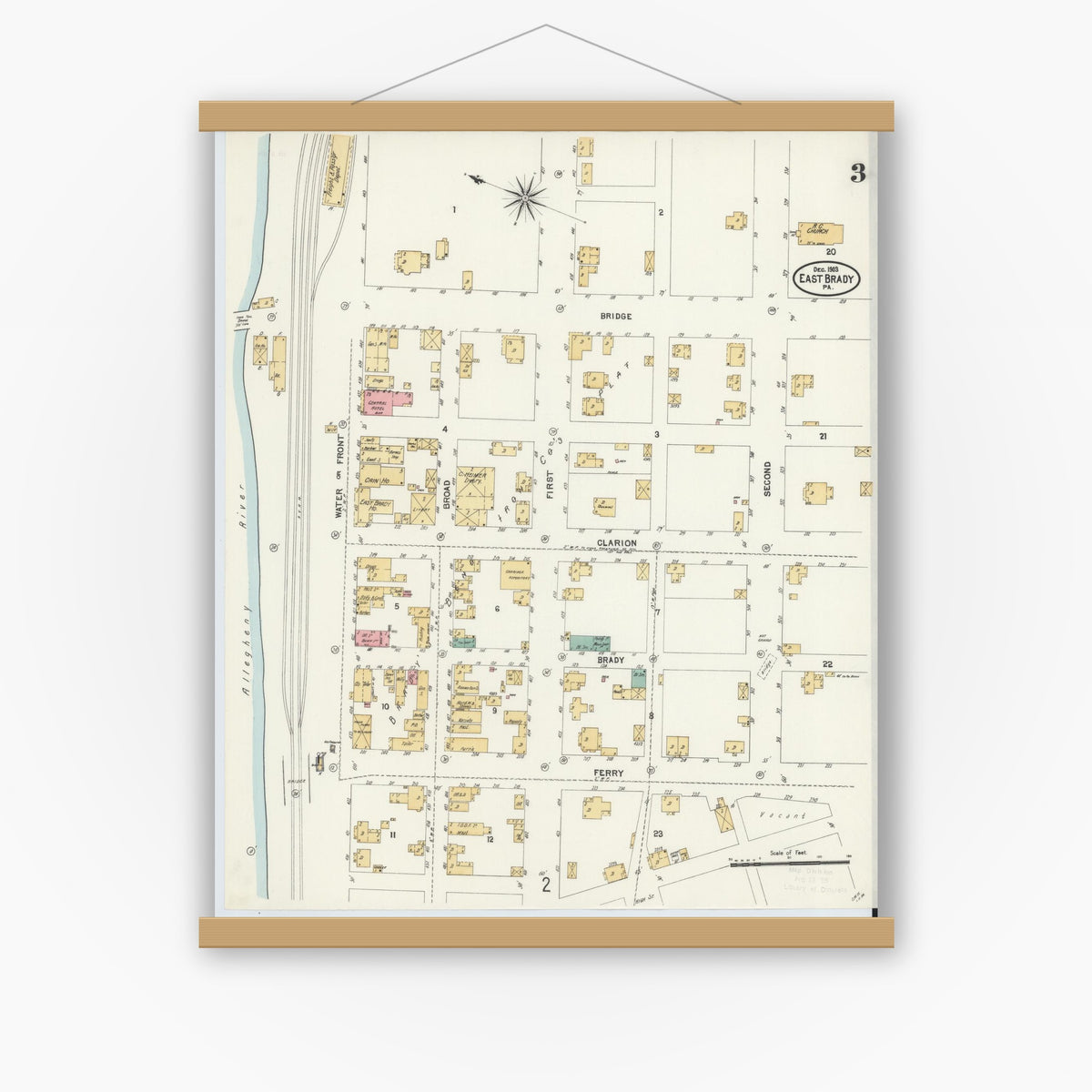Old map wall art mockup — magnetic wood frame on white wall — Sanborn Fire Insurance Map from East Brady, Clarion County, Pennsylvania (1903), Sheet #0003