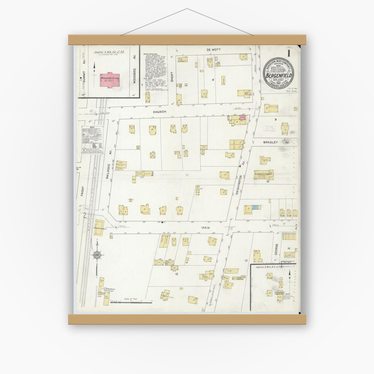 Old map wall art mockup — magnetic wood frame on white wall — Sanborn Fire Insurance Map from Bergenfield, Bergen County, New Jersey (1912), Sheet #0001