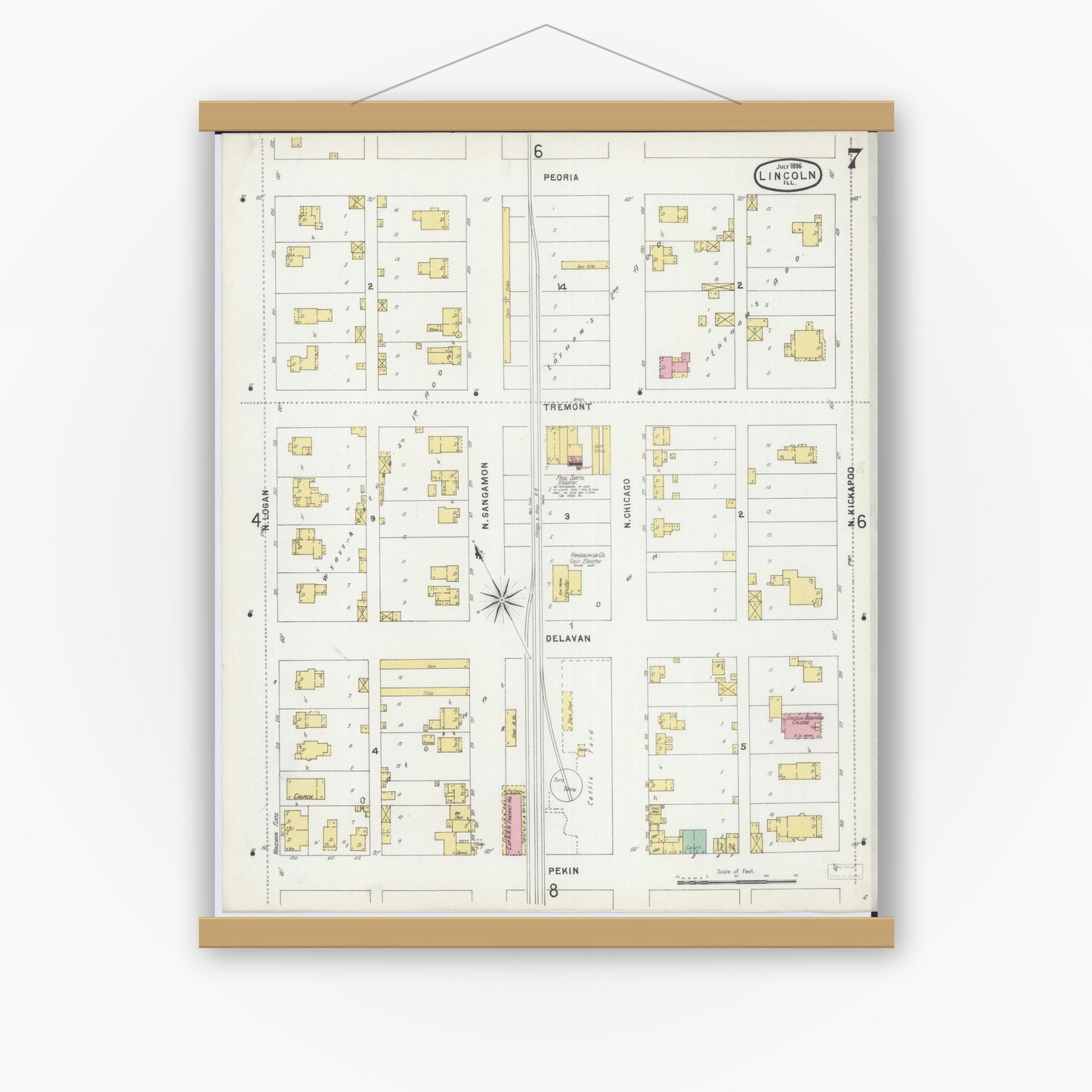 Old map wall art mockup — magnetic wood frame on white wall — Sanborn Fire Insurance Map from Lincoln, Logan County, Illinois (1896), Sheet #0007