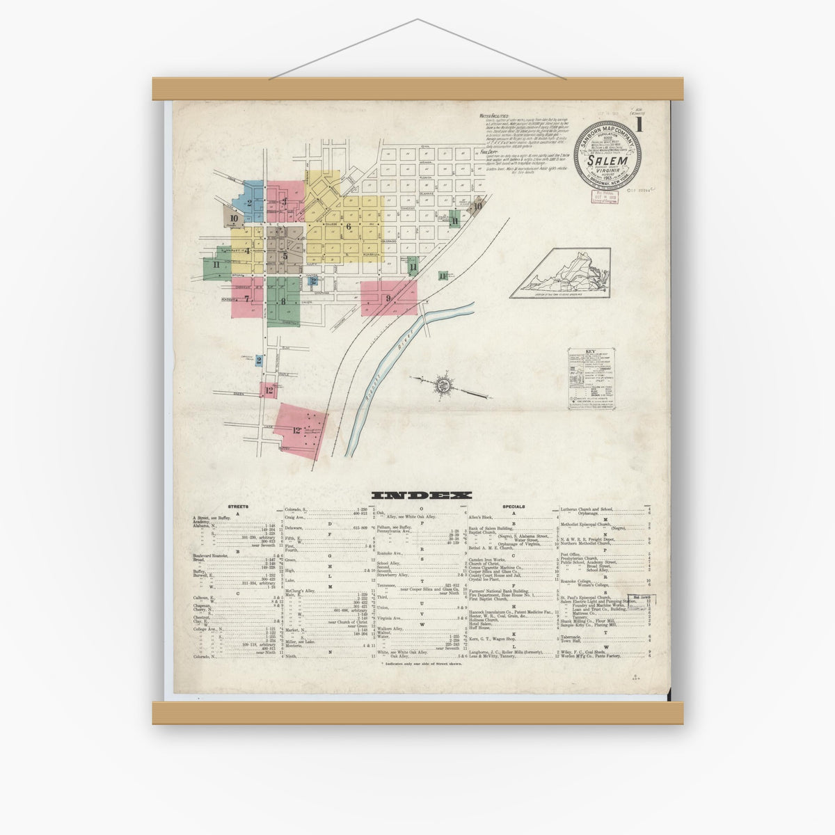 Old map wall art mockup — magnetic wood frame on white wall — Sanborn Fire Insurance Map from Salem, Independent Cities, Virginia (1913) - Complete Map Set