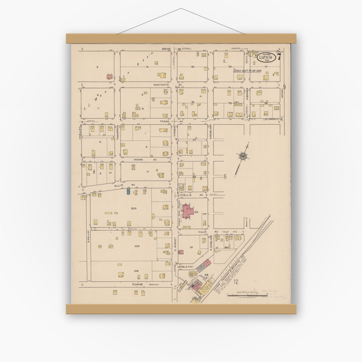 Old map wall art mockup — magnetic wood frame on white wall — Sanborn Fire Insurance Map from Lufkin, Angelina County, Texas (1922), Sheet #0007