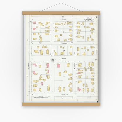 Old map wall art mockup — magnetic wood frame on white wall — Sanborn Fire Insurance Map from Adrian, Lenawee County, Michigan (1899), Sheet #0008