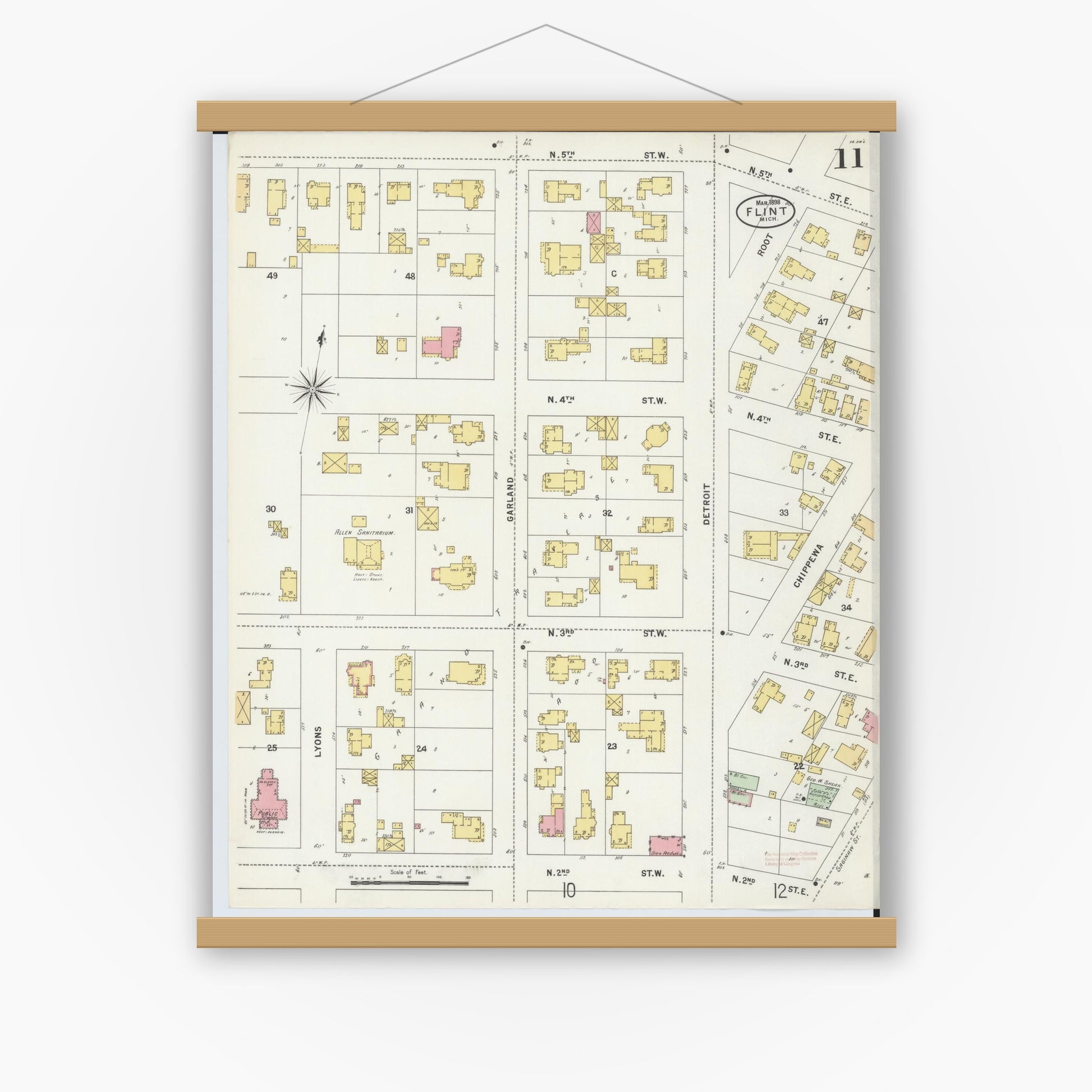 Old map wall art mockup — magnetic wood frame on white wall — Sanborn Fire Insurance Map from Flint, Genesee County, Michigan (1898), Sheet #0011