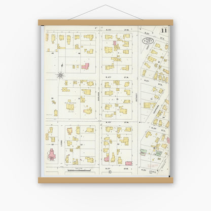 Old map wall art mockup — magnetic wood frame on white wall — Sanborn Fire Insurance Map from Flint, Genesee County, Michigan (1898), Sheet #0011