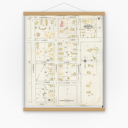 Old map wall art mockup — magnetic wood frame on white wall — Sanborn Fire Insurance Map from Bloomfield, Greene County, Indiana (1940), Sheet #0006