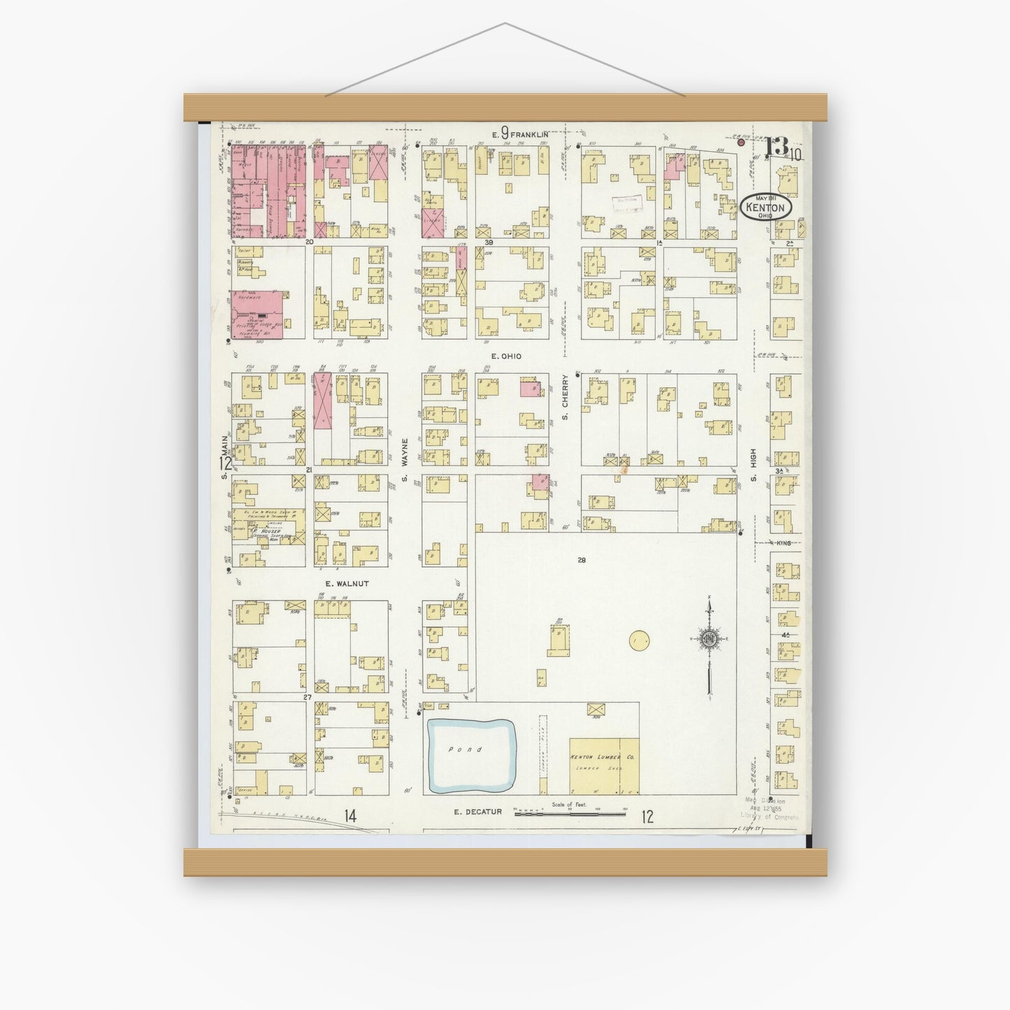 Old map wall art mockup — magnetic wood frame on white wall — Sanborn Fire Insurance Map from Kenton, Hardin County, Ohio (1911), Sheet #0013