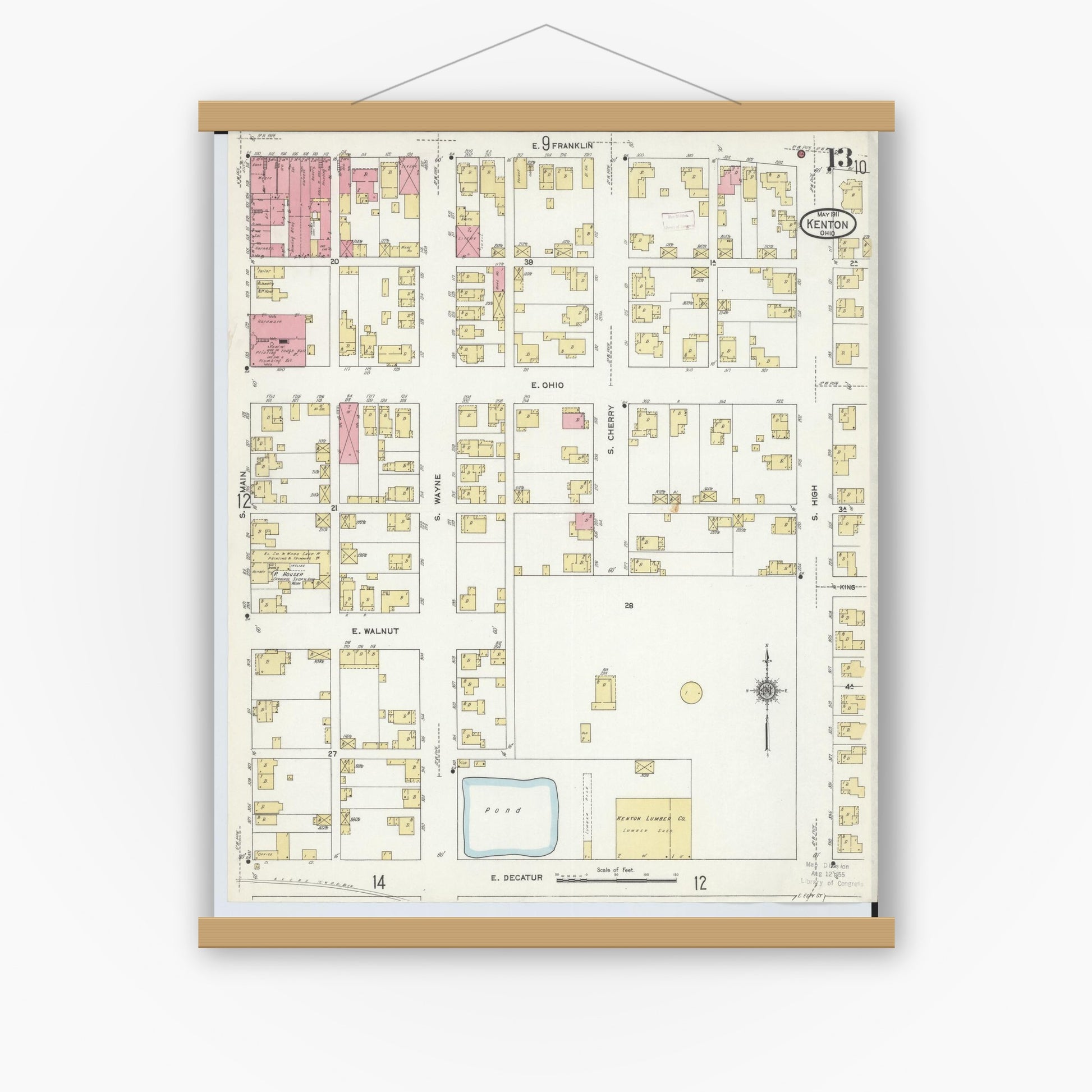 Old map wall art mockup — magnetic wood frame on white wall — Sanborn Fire Insurance Map from Kenton, Hardin County, Ohio (1911), Sheet #0013