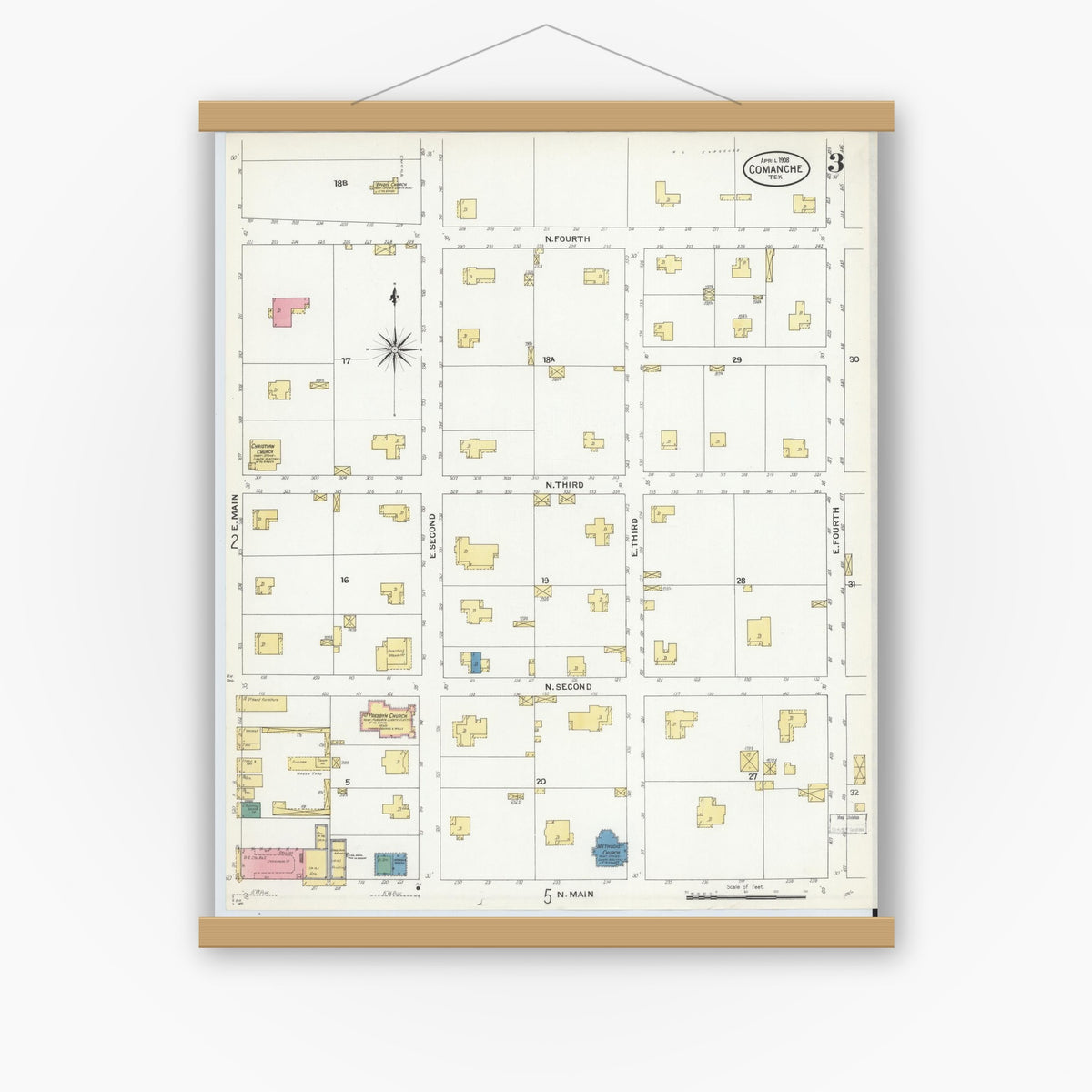 Old map wall art mockup — magnetic wood frame on white wall — Sanborn Fire Insurance Map from Comanche, Comanche County, Texas (1908), Sheet #0003
